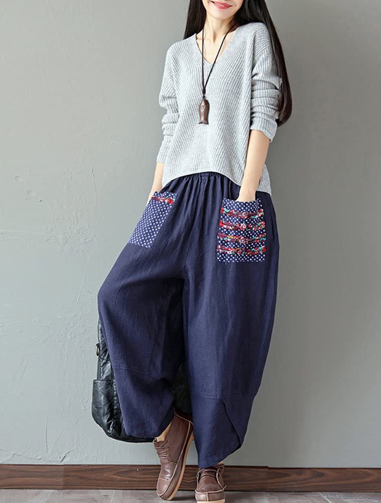 Minibee Women's Baggy Linen Wide Leg Trousers Casual Patchwork Elastic Waist Harem Pants Navy Blue L - Image 5